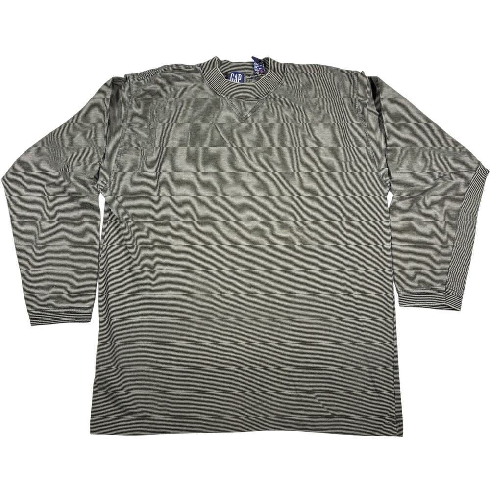 Vintage Gap Shirt Mens Medium Olive/Black Micro-Stripe Long-Sleeve Crewneck Tee